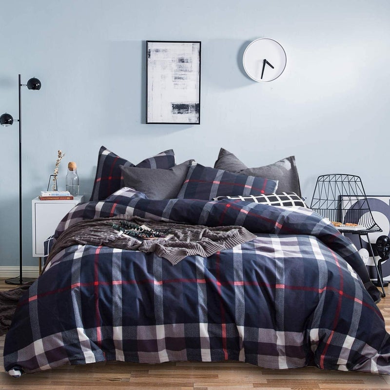 Houseri Navy Blue Plaid Comforter Sets Twin for Boys Deep Blue Buffalo Checkered Bed Sets Dark Color Grid Bedding Kids Teen Girls College Multicolor Checks Gingham Dorm Bedding Twin Size - Image 1